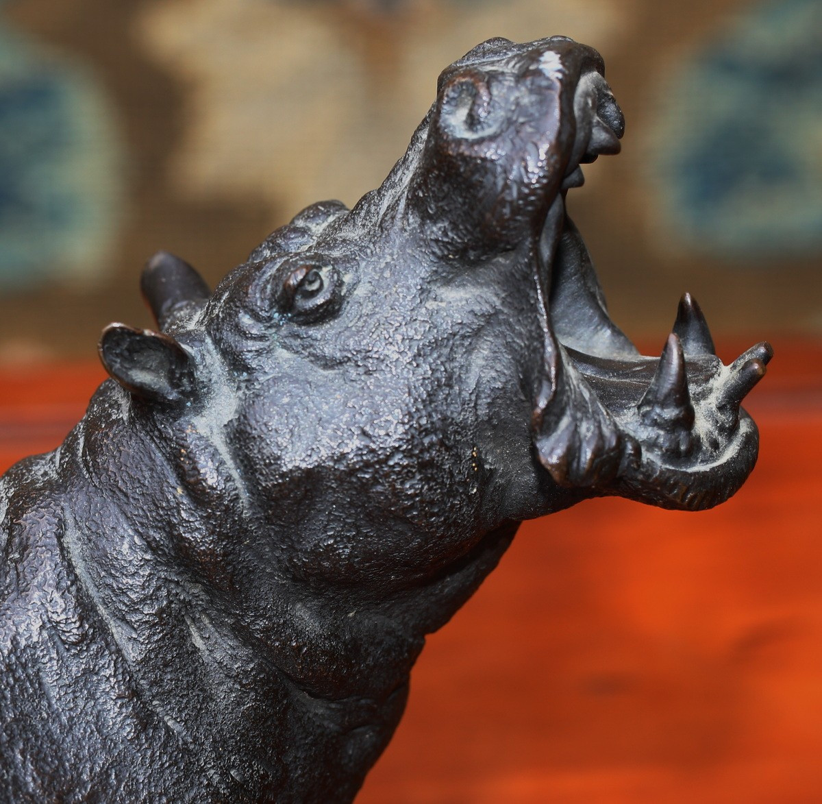 Japan Meiji Period 1868-1912, Roaring Hippopotamus, Patinated Bronze Cast.-photo-3