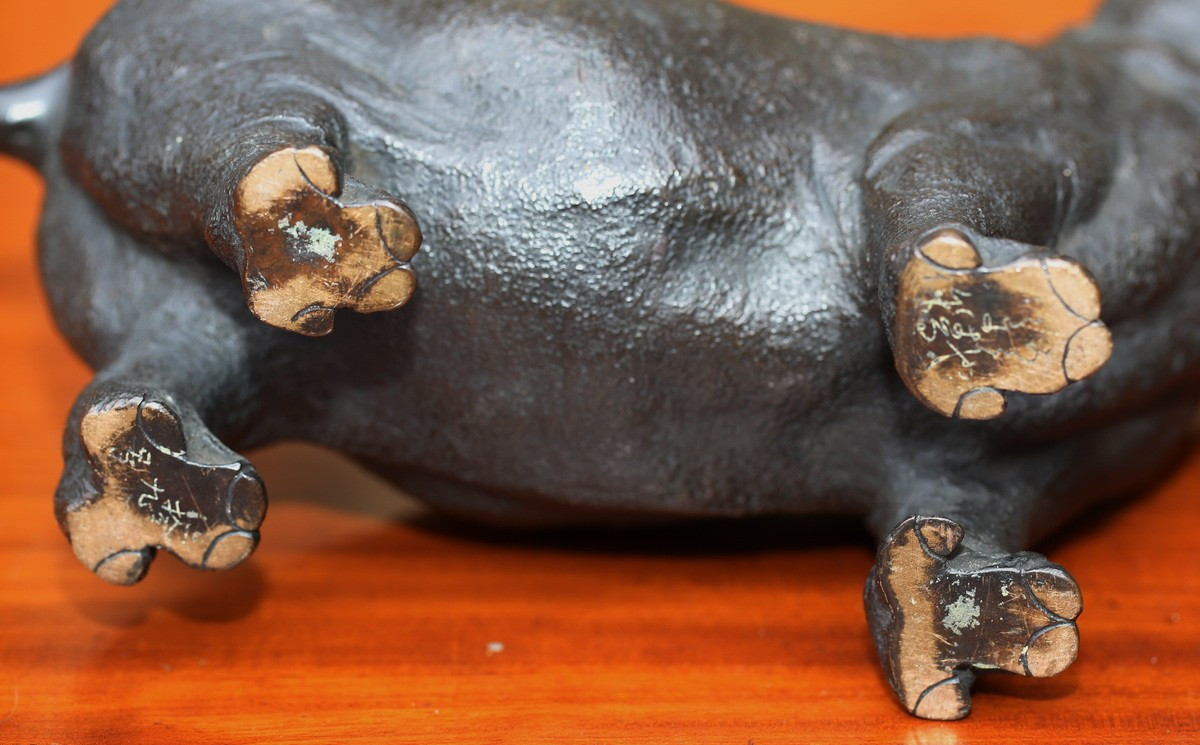 Japan Meiji Period 1868-1912, Roaring Hippopotamus, Patinated Bronze Cast.-photo-1