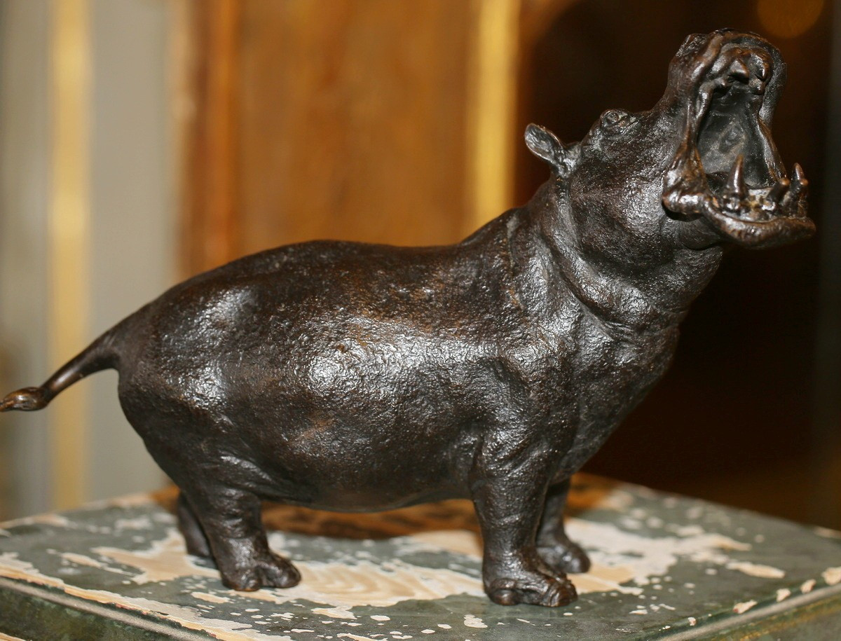 Japan Meiji Period 1868-1912, Roaring Hippopotamus, Patinated Bronze Cast.