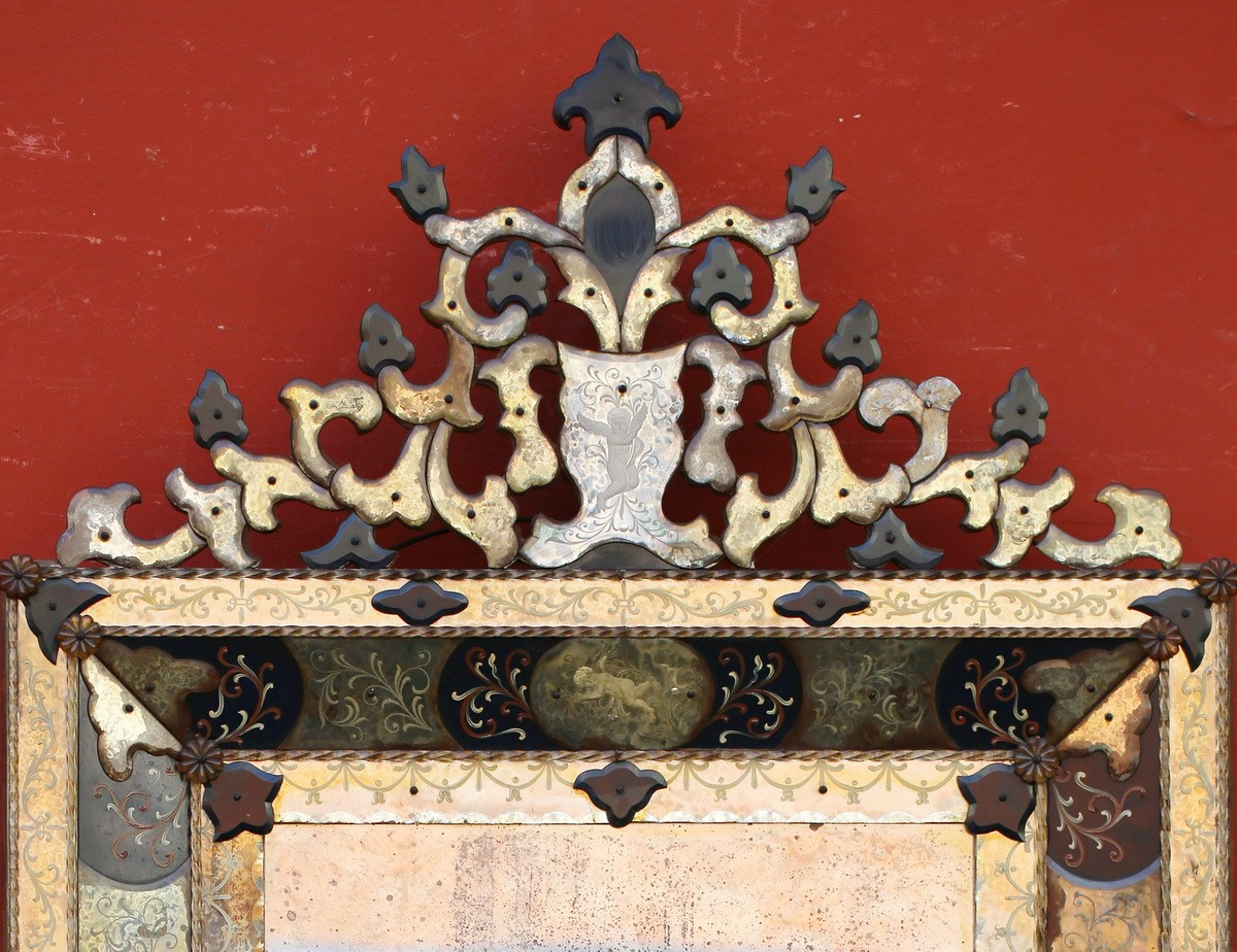 Venice Mirror, Baroque Style Circa 1940, In Engraved And Blue Tinted Glass.-photo-4