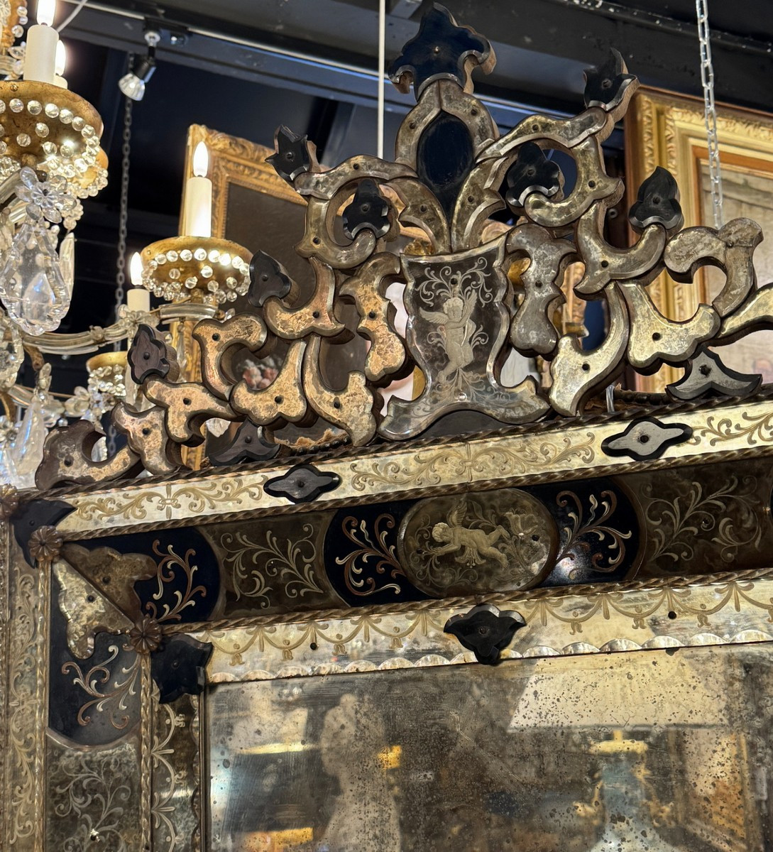 Venice Mirror, Baroque Style Circa 1940, In Engraved And Blue Tinted Glass.-photo-1