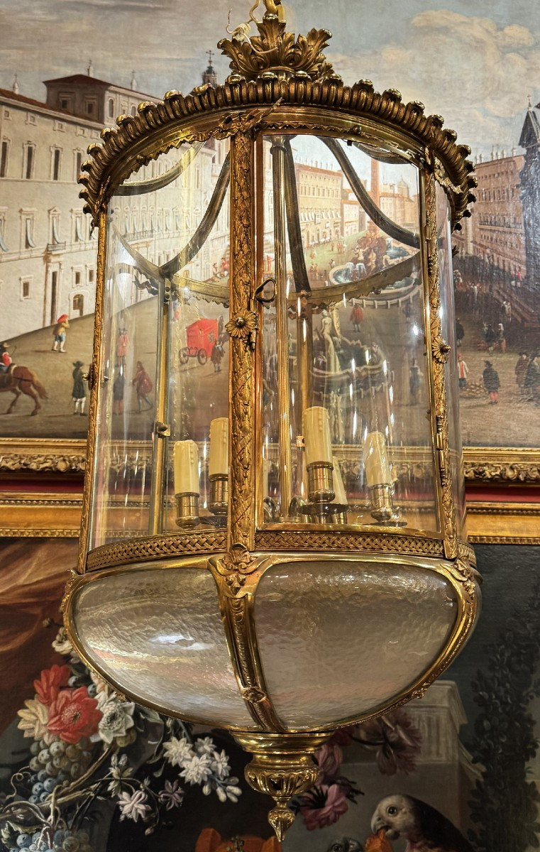 Pair Of Louis XVI Style Lanterns, Early 20th Century, Cylindrical With Translucent And Frosted Glass.-photo-2