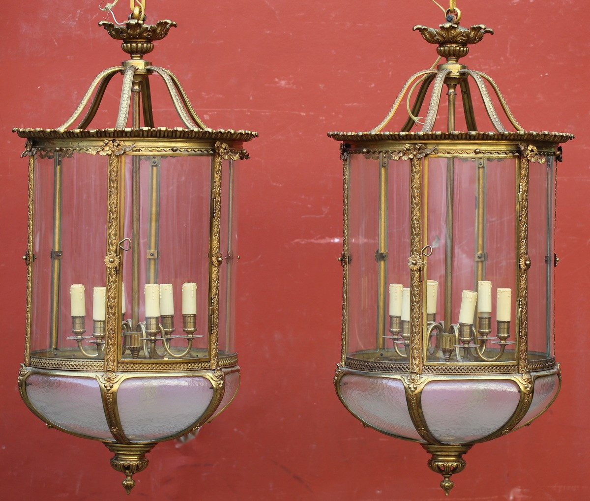 Pair Of Louis XVI Style Lanterns, Early 20th Century, Cylindrical With Translucent And Frosted Glass.