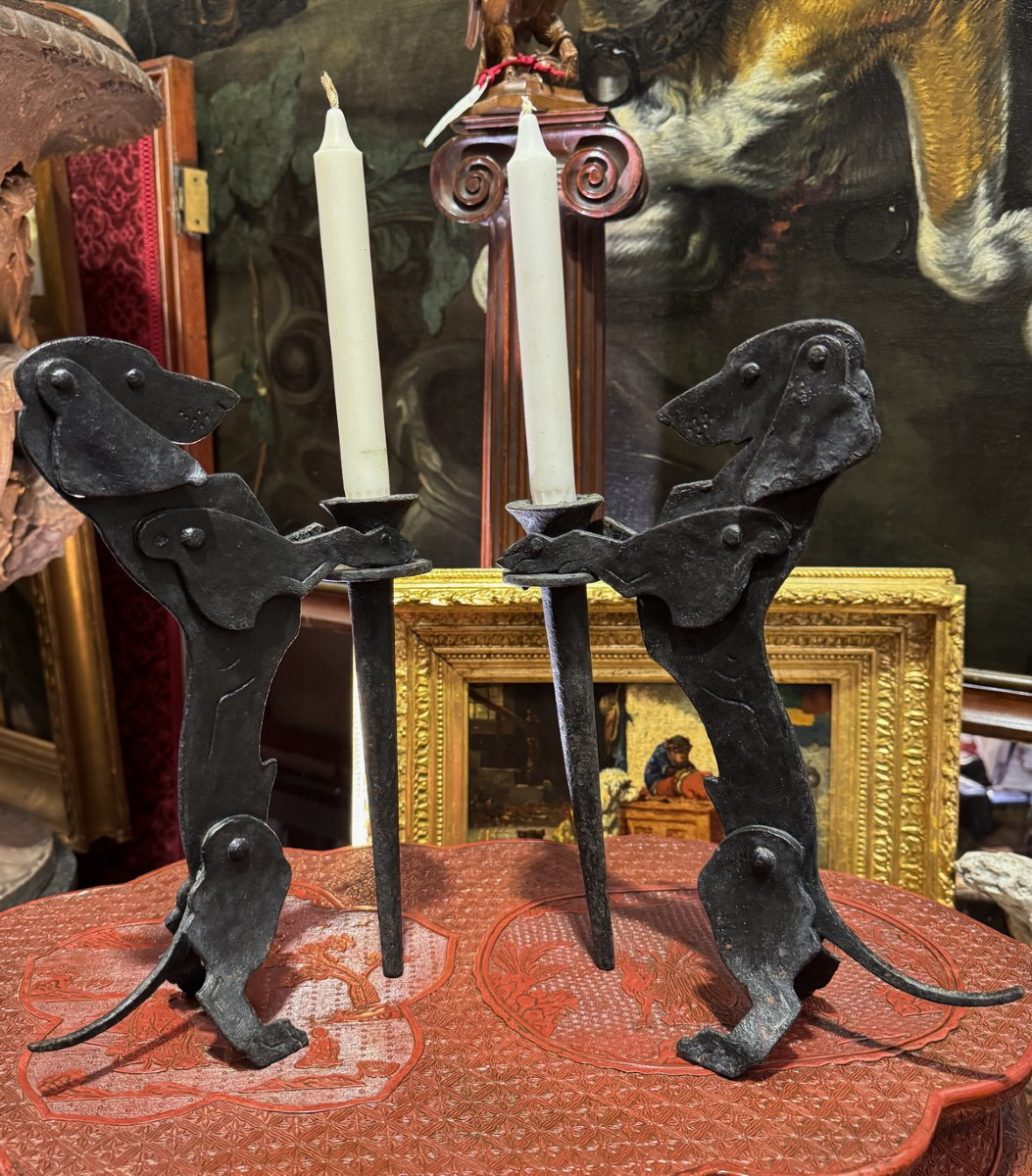France, Early 20th Century, Dachshund Dog Holding A Torch/candle Holder, Wrought Iron.-photo-2