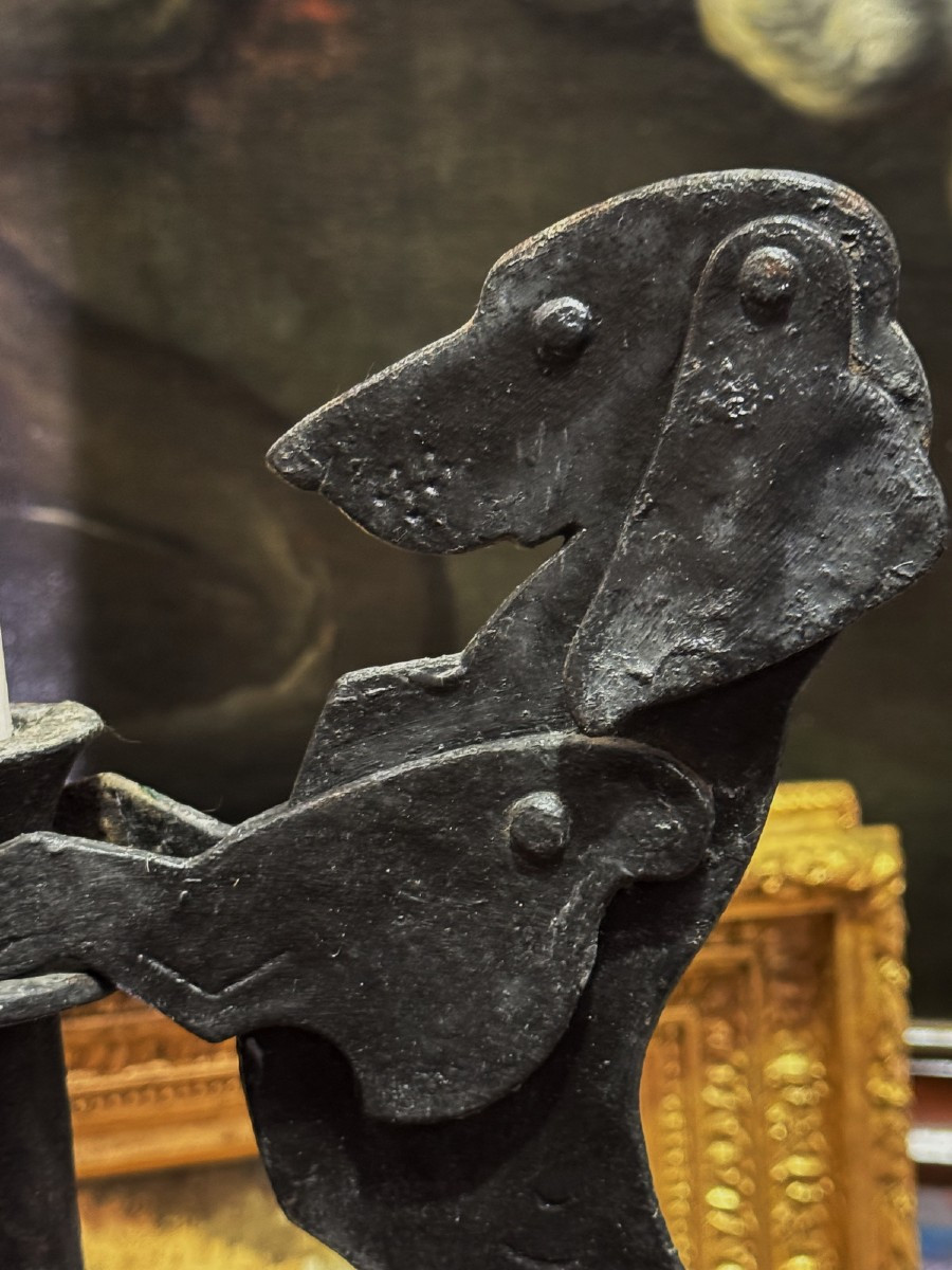 France, Early 20th Century, Dachshund Dog Holding A Torch/candle Holder, Wrought Iron.-photo-3
