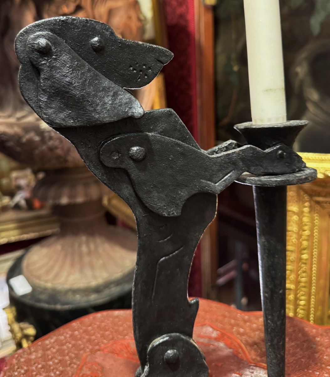 France, Early 20th Century, Dachshund Dog Holding A Torch/candle Holder, Wrought Iron.-photo-4