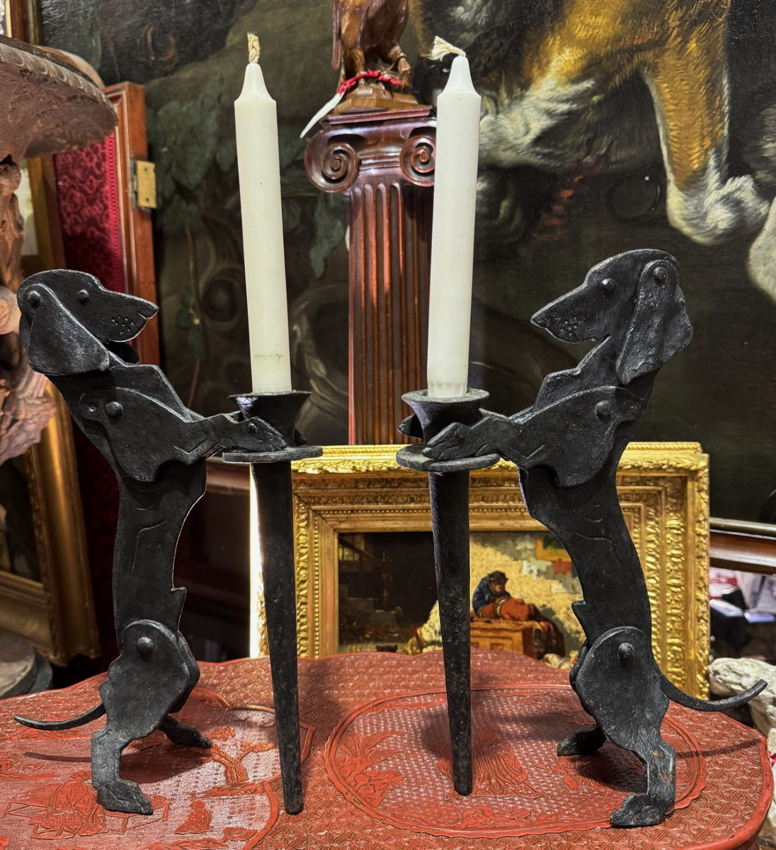 France, Early 20th Century, Dachshund Dog Holding A Torch/candle Holder, Wrought Iron.