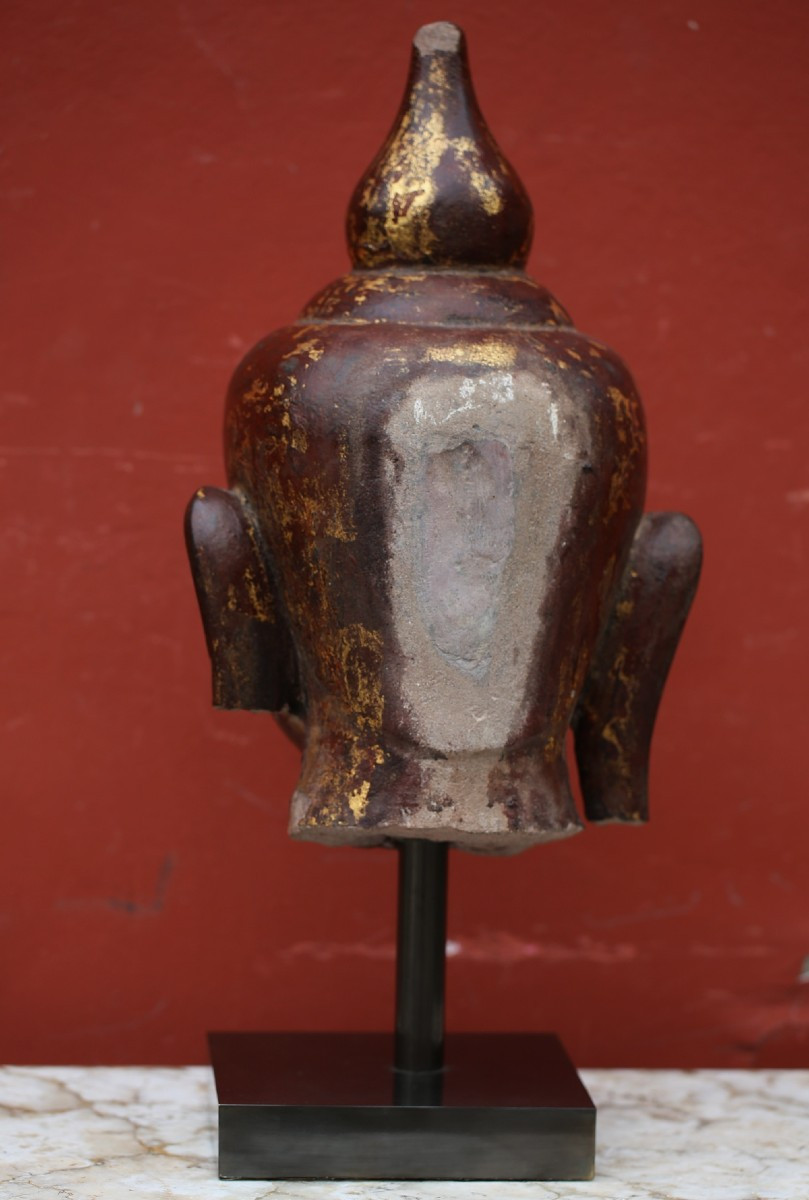Birmanie XVIIIème, Tête de Bouddha en grès Laqué et doré.-photo-4