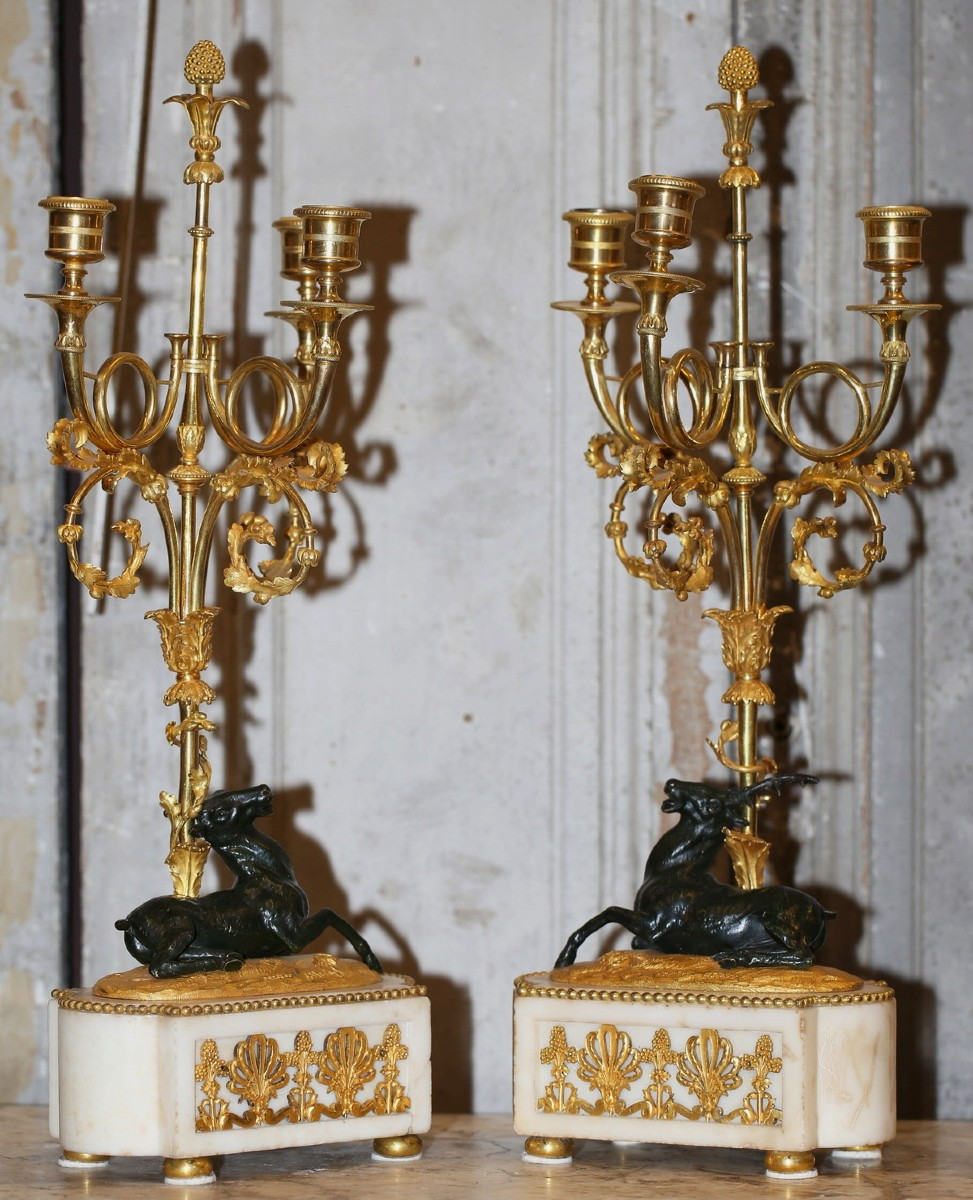 Pair Of Louis XVI Period Candelabra, Stag And Doe, 3 Lights.-photo-2