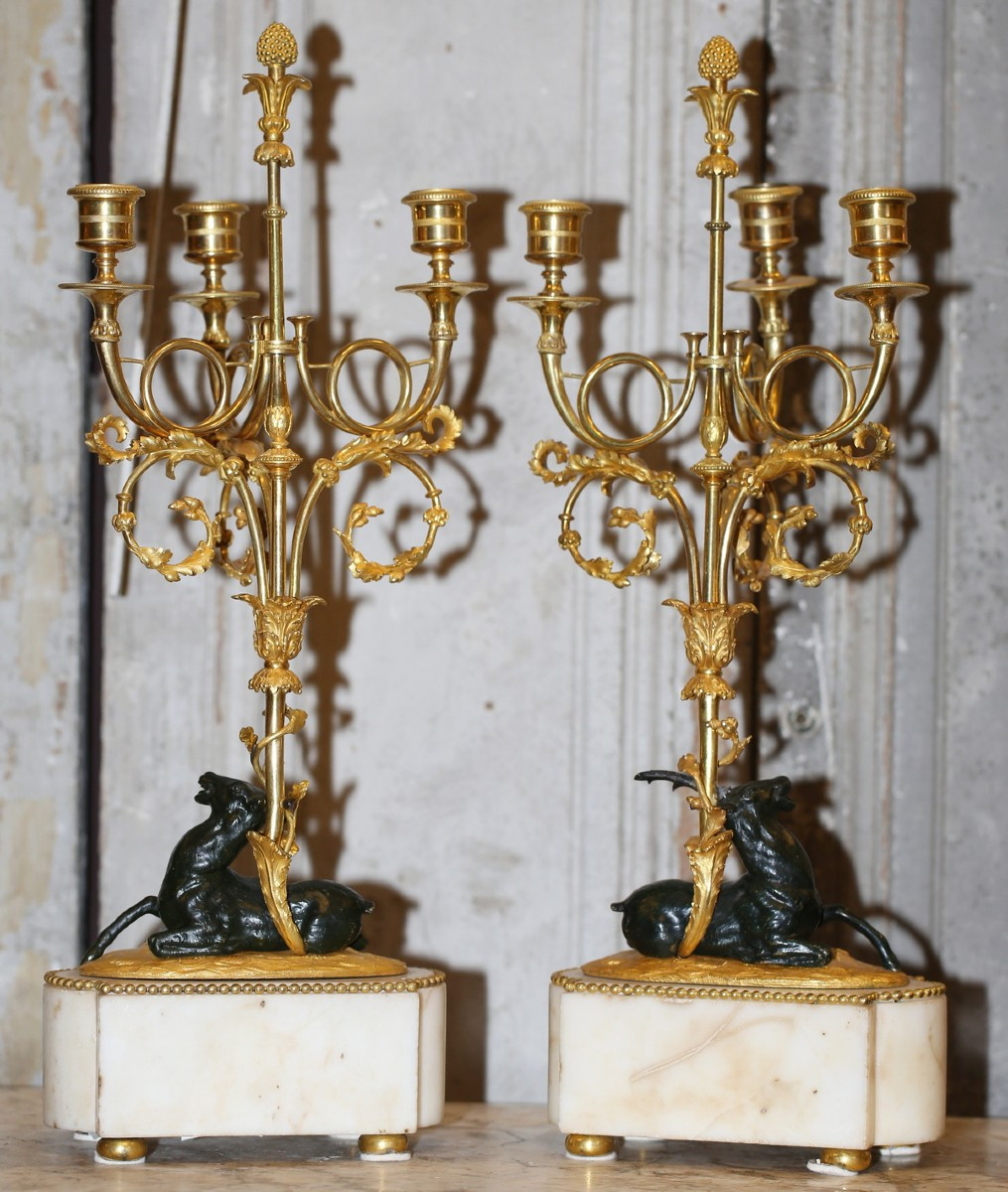 Pair Of Louis XVI Period Candelabra, Stag And Doe, 3 Lights.-photo-3