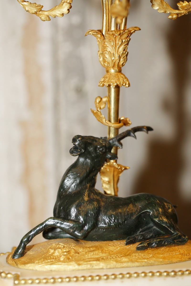 Pair Of Louis XVI Period Candelabra, Stag And Doe, 3 Lights.-photo-1