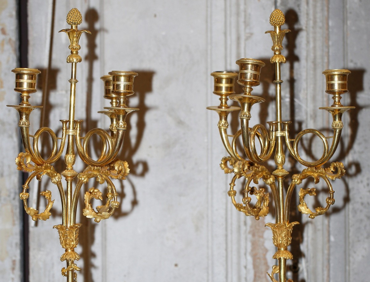Pair Of Louis XVI Period Candelabra, Stag And Doe, 3 Lights.-photo-2