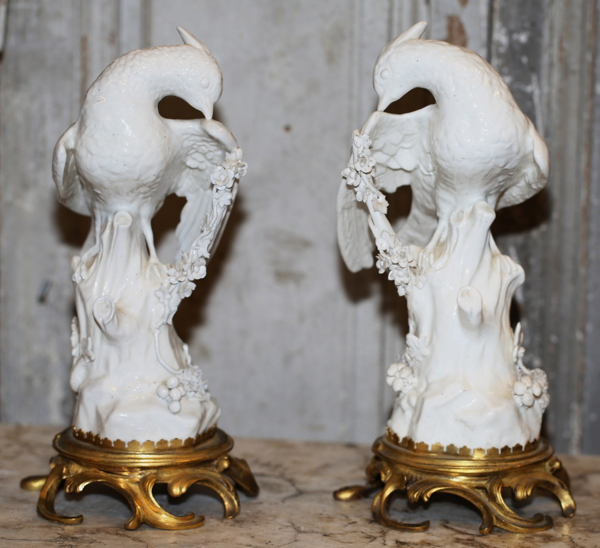 Pair Of Meissen-style White Porcelain Birds Perched On Branches, 19th Century