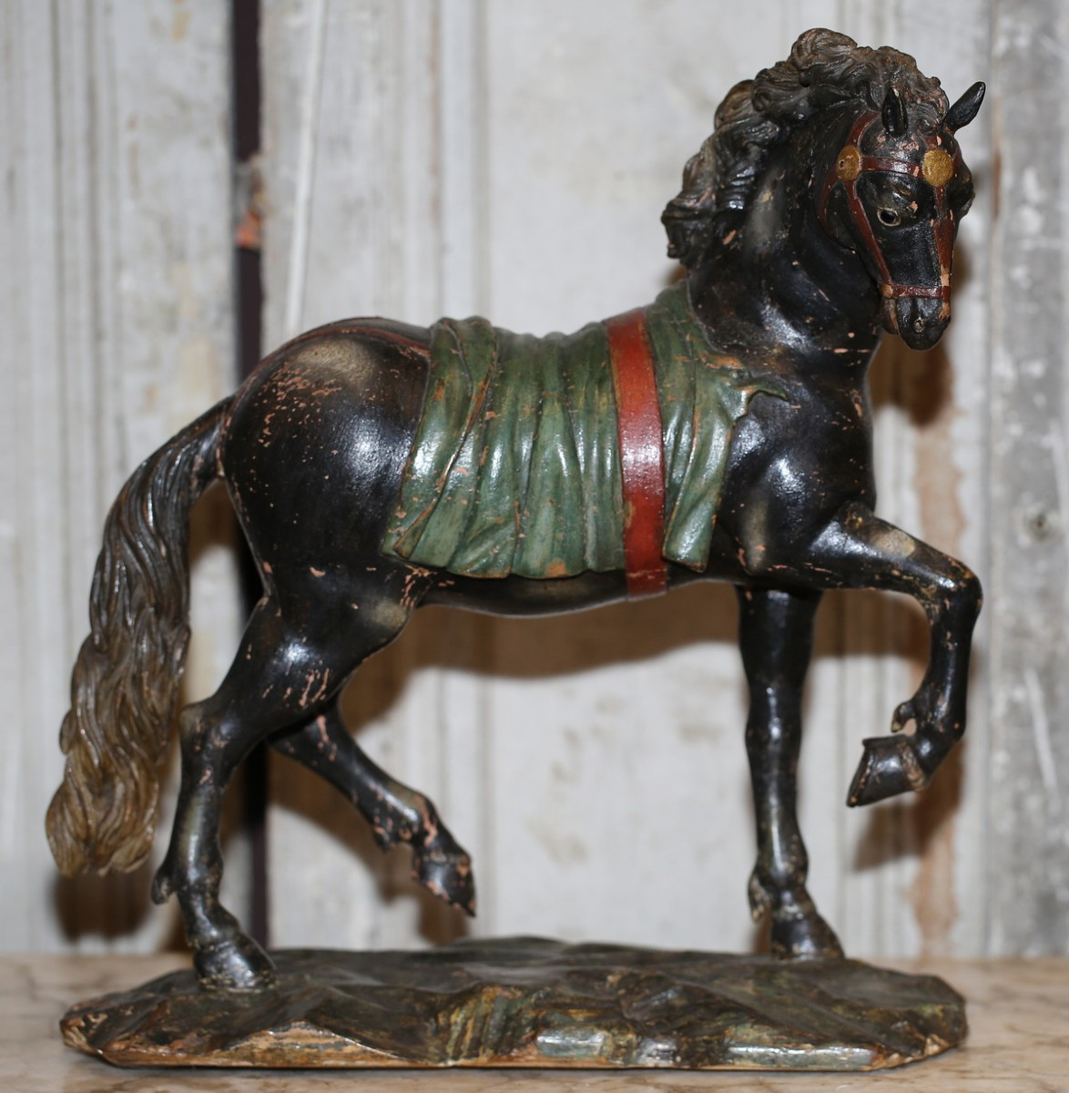 Northern Italy, 18th Century, Brown Bay Horse In Carved And Lacquered Wood.