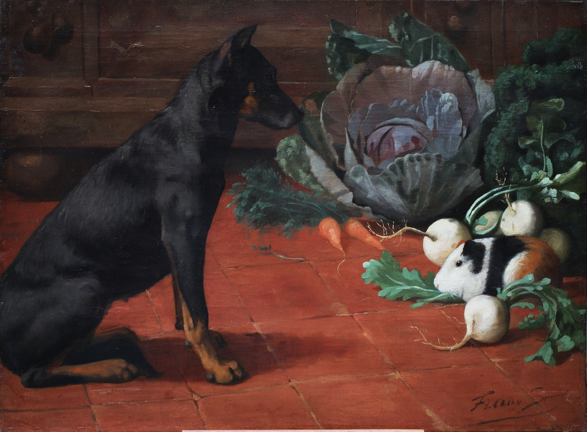 Ecole italienne fin du XIXème, chien assis regardant un cochon d'inde dans les légumes-photo-2