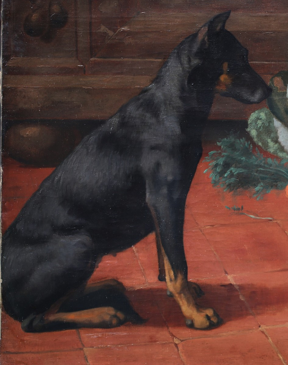 Ecole italienne fin du XIXème, chien assis regardant un cochon d'inde dans les légumes-photo-4