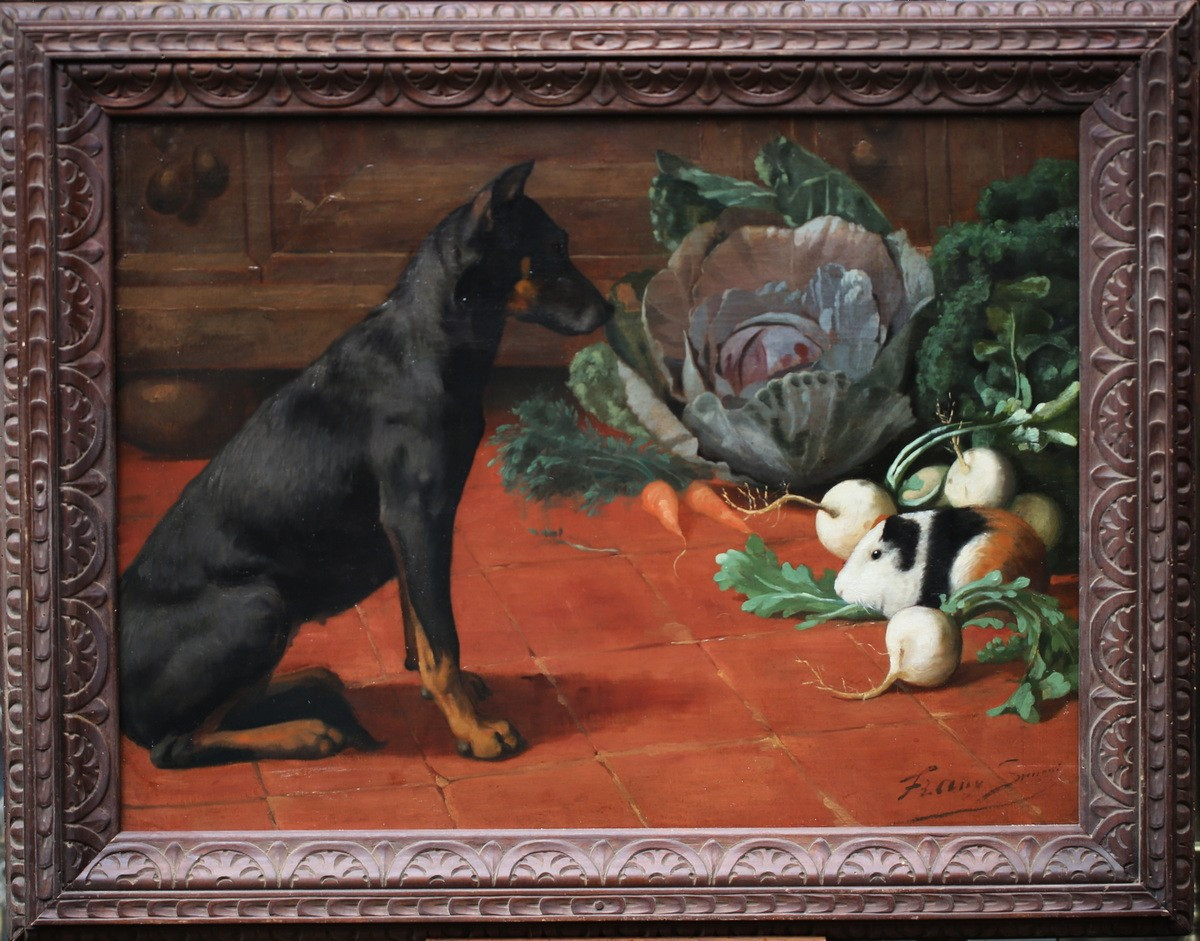Ecole italienne fin du XIXème, chien assis regardant un cochon d'inde dans les légumes