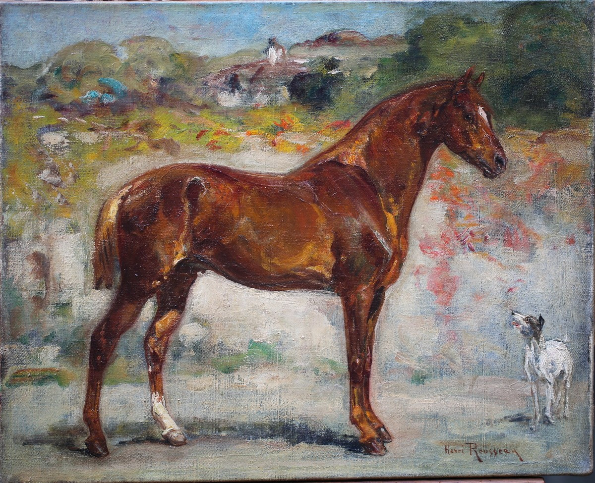 Henri Emilien ROUSSEAU 1875-1933, portrait de cheval alezan et chien.-photo-2