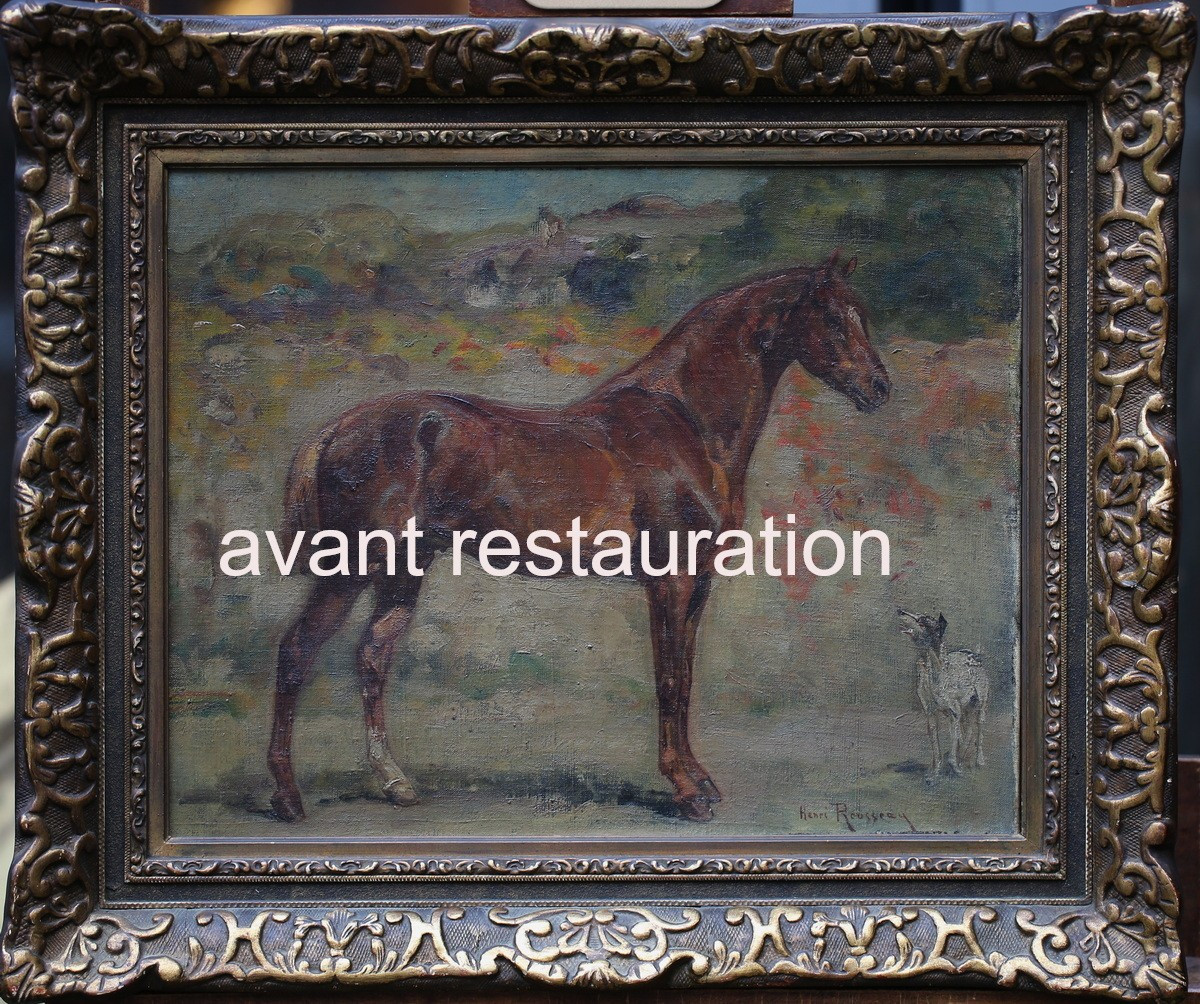 Henri Emilien ROUSSEAU 1875-1933, portrait de cheval alezan et chien.-photo-1
