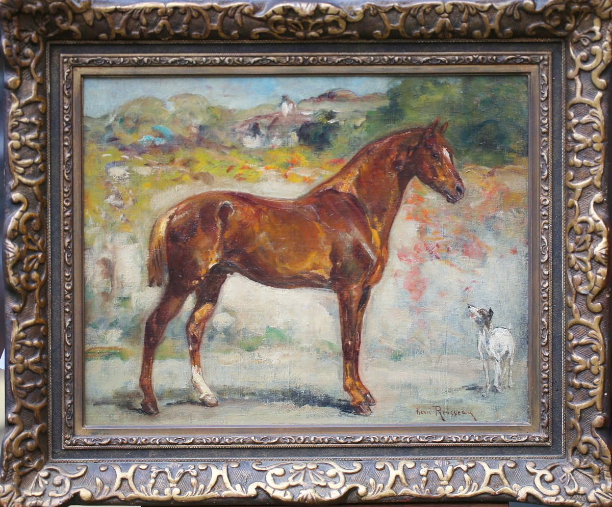Henri Emilien ROUSSEAU 1875-1933, portrait de cheval alezan et chien.