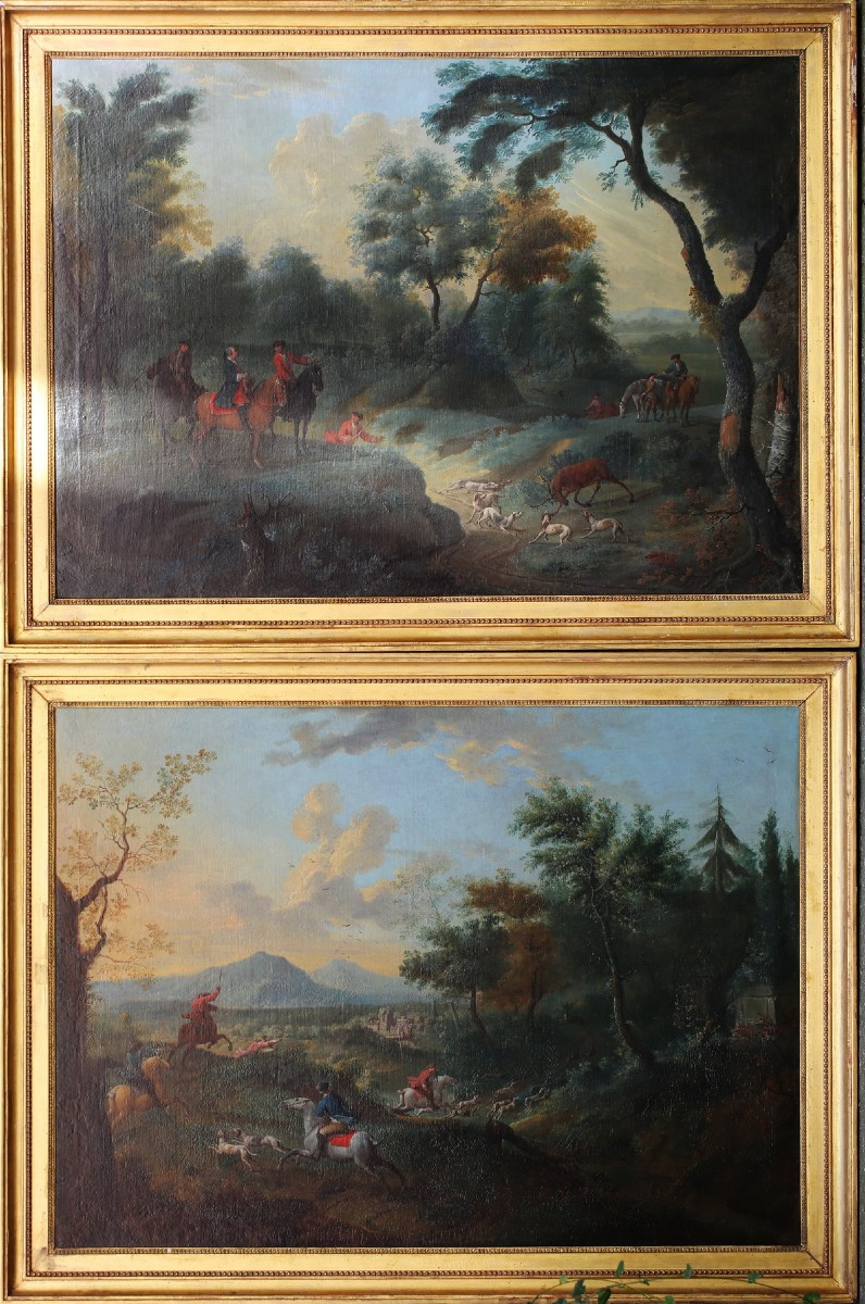 Jacques BERTAUX 1745-1818, scène de chasse à courre, paire d'huiles sur toile.-photo-2