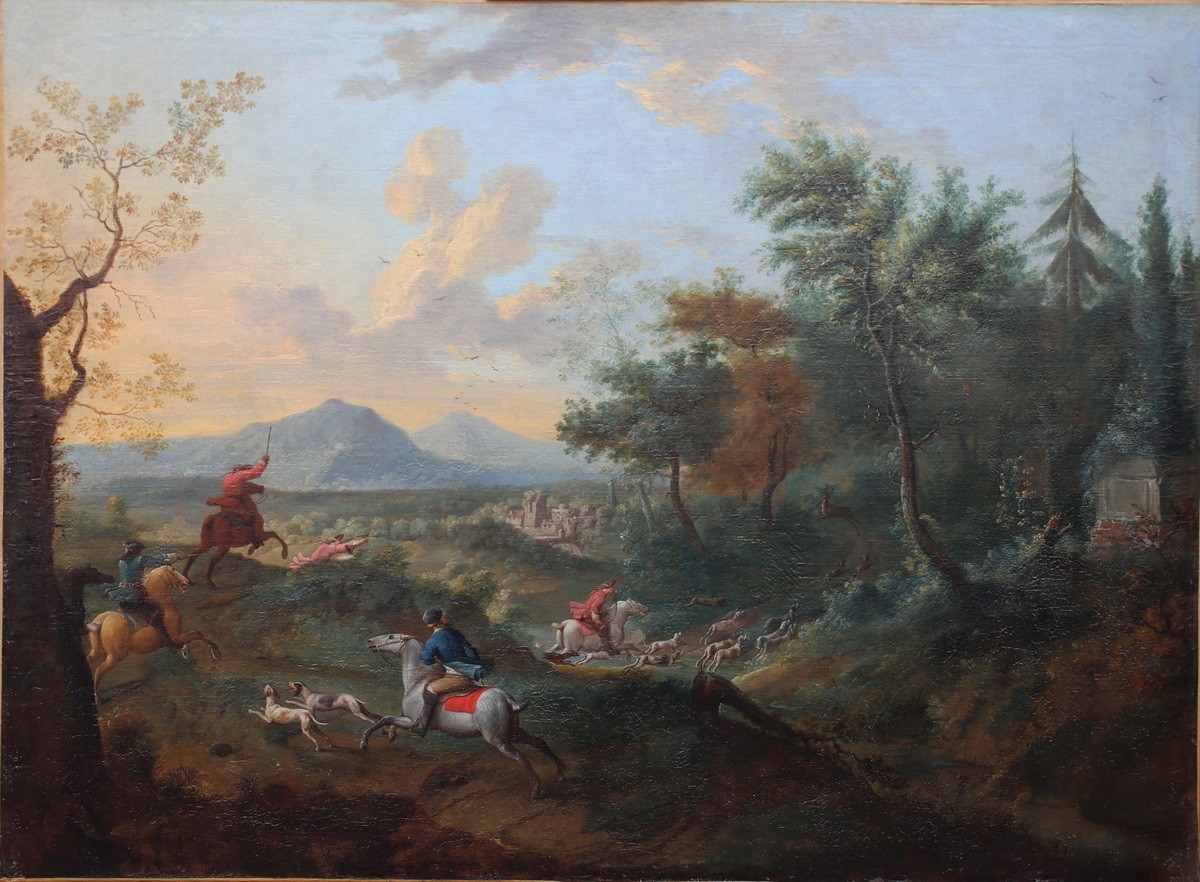 Jacques BERTAUX 1745-1818, scène de chasse à courre, paire d'huiles sur toile.-photo-4