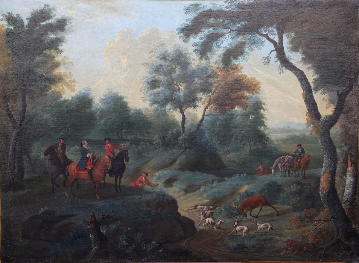 Jacques BERTAUX 1745-1818, scène de chasse à courre, paire d'huiles sur toile.-photo-1