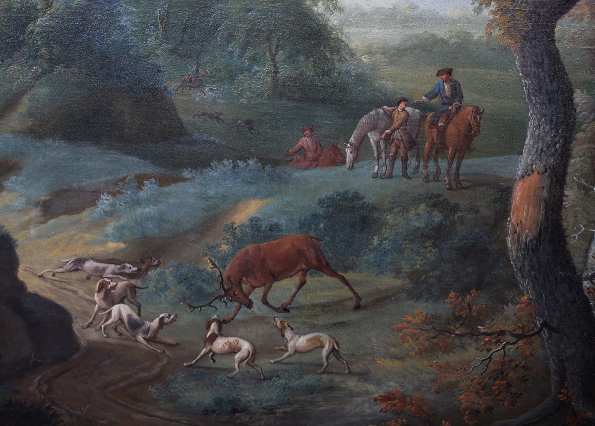 Jacques BERTAUX 1745-1818, scène de chasse à courre, paire d'huiles sur toile.-photo-3