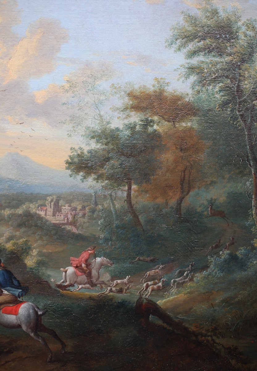 Jacques BERTAUX 1745-1818, scène de chasse à courre, paire d'huiles sur toile.-photo-4