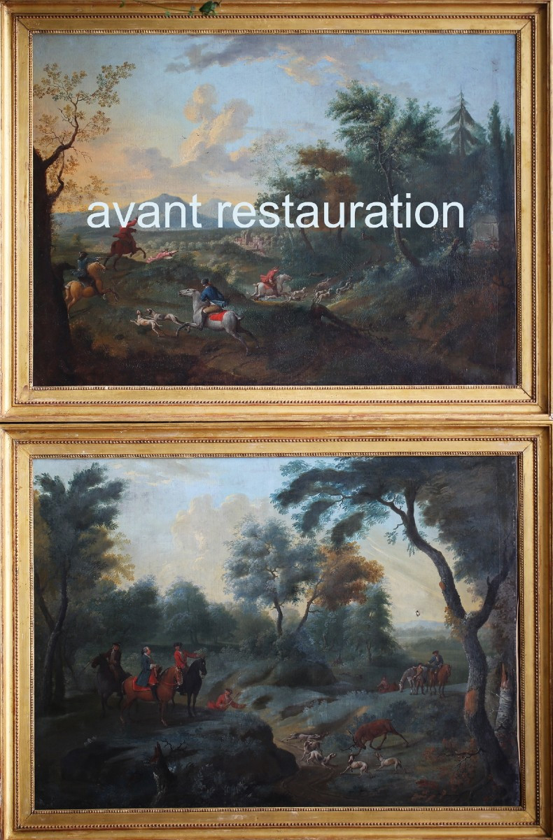 Jacques BERTAUX 1745-1818, scène de chasse à courre, paire d'huiles sur toile.-photo-7