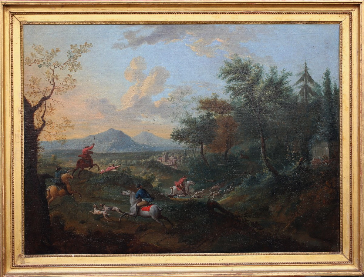 Jacques BERTAUX 1745-1818, scène de chasse à courre, paire d'huiles sur toile.