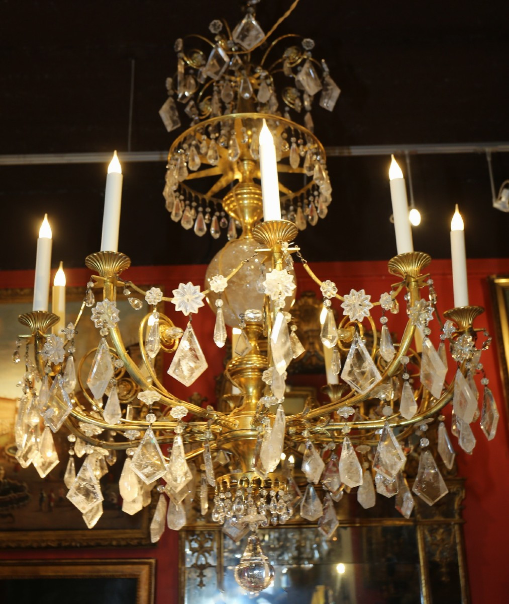 lustre de style Directoire début XXème, bronze doré et cristaux roche .