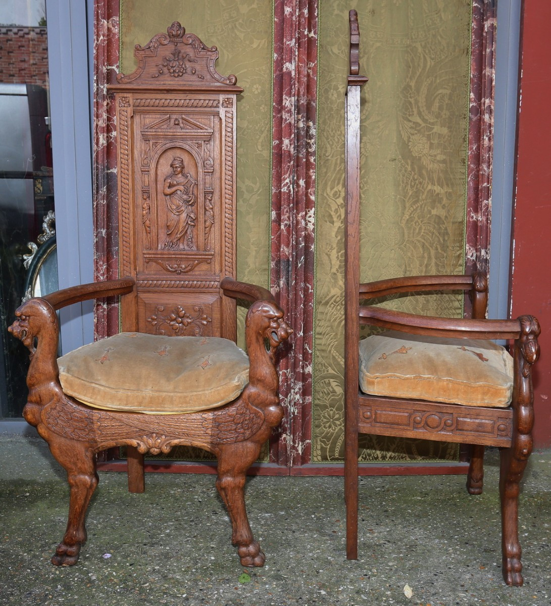 Paire de fauteuils style Renaissance XIX,caquetoires en chêne sculpté fin du XIXème-photo-3
