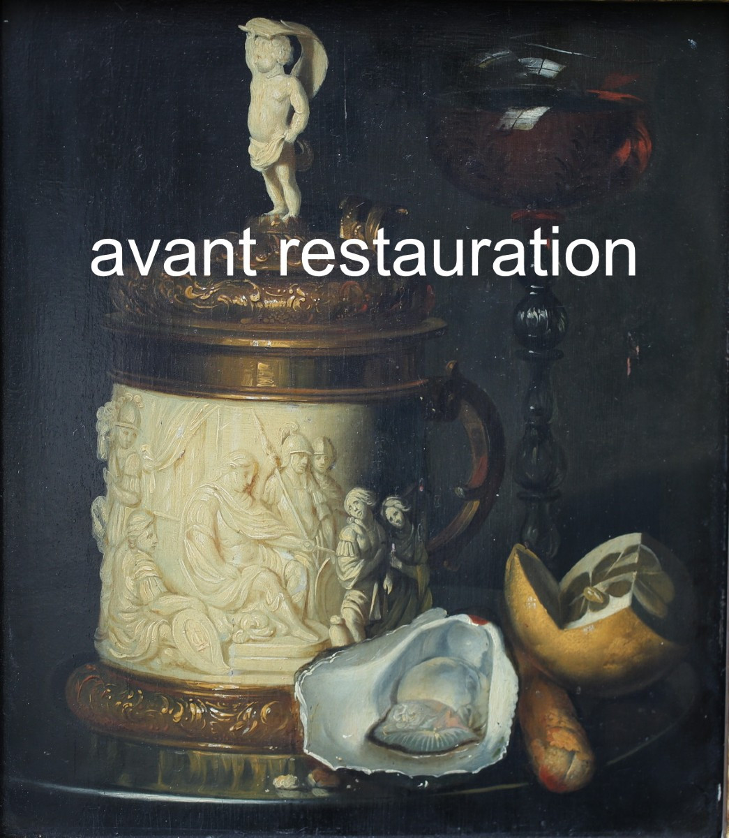 Ecole Allemande dans le gout du XVIIème, époque XVIIIème, nature morte au vidrecome en ivoire.-photo-1