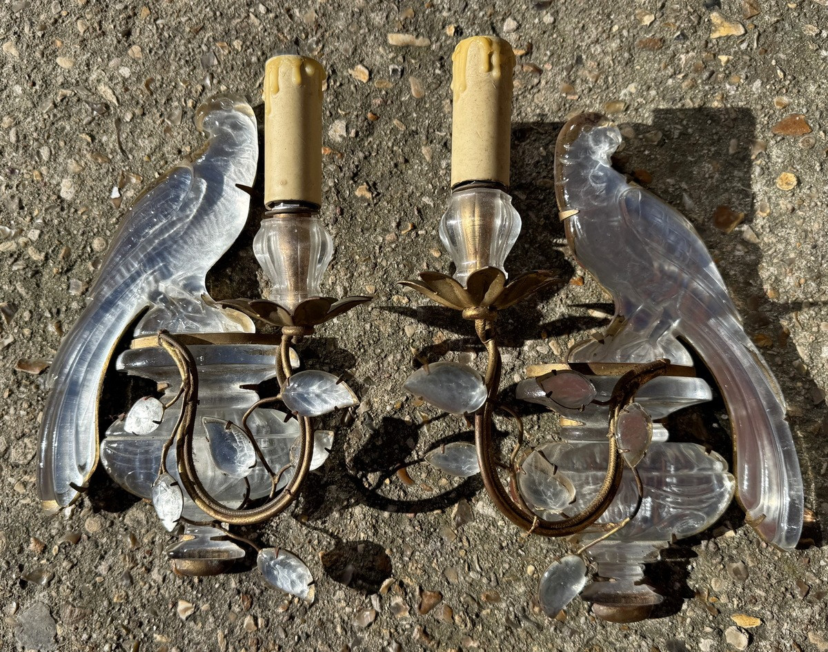 Pair Of Overmantel Sconces With Vase And Parrot Decorations, Bagues Paris Label.