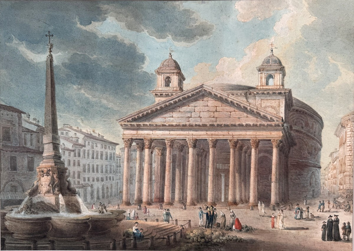 Early 19th Century French School, View Of The Pantheon In Rome, Watercolor Drawing.-photo-2