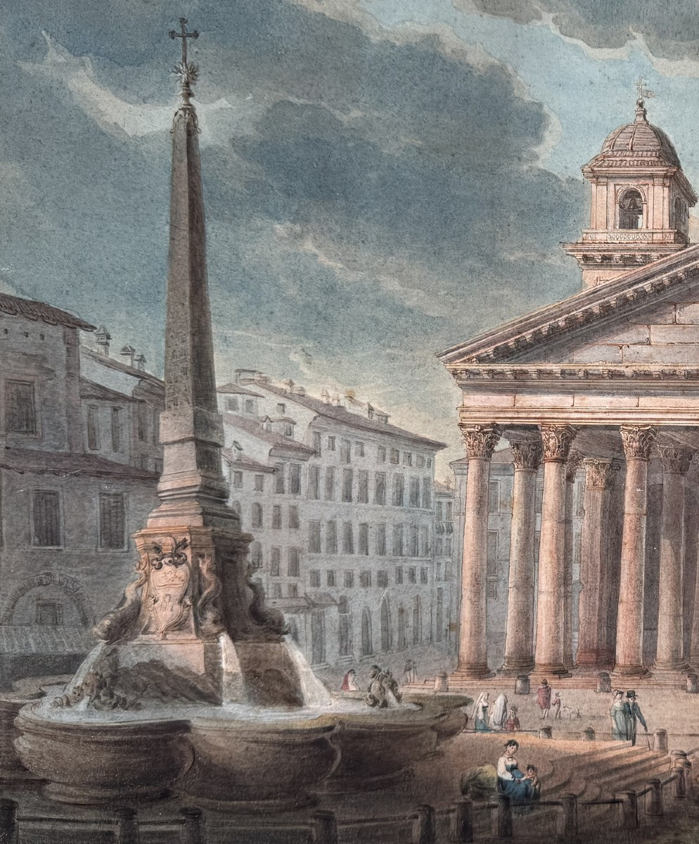 Early 19th Century French School, View Of The Pantheon In Rome, Watercolor Drawing.-photo-3