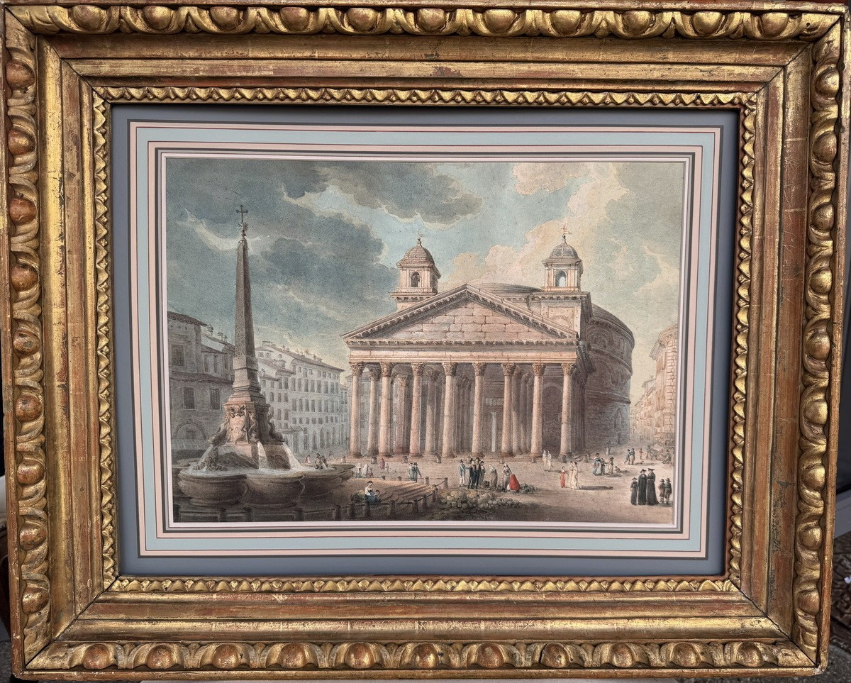 Early 19th Century French School, View Of The Pantheon In Rome, Watercolor Drawing.