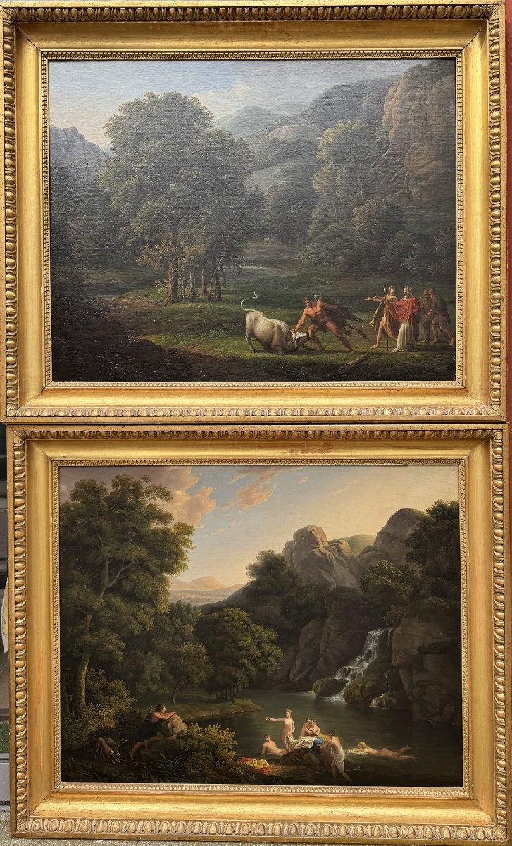 Jean-Victor BERTIN 1767-1842 attribué à, Diane et Actéon, Hercule et le taureau  Achéloüs.