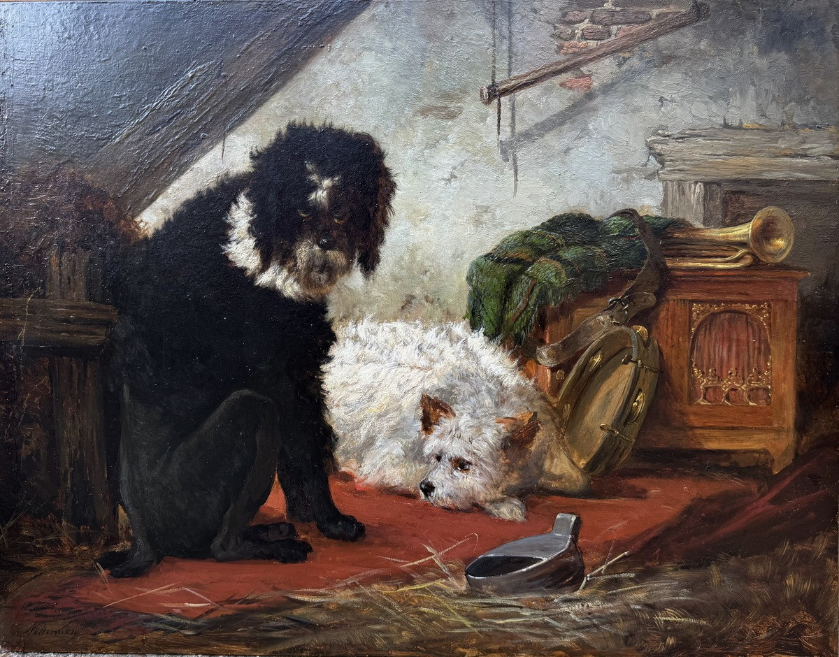 Zacharie Noterman 1820-1890 , Two Travelling Dogs, Oil On Wood.-photo-2