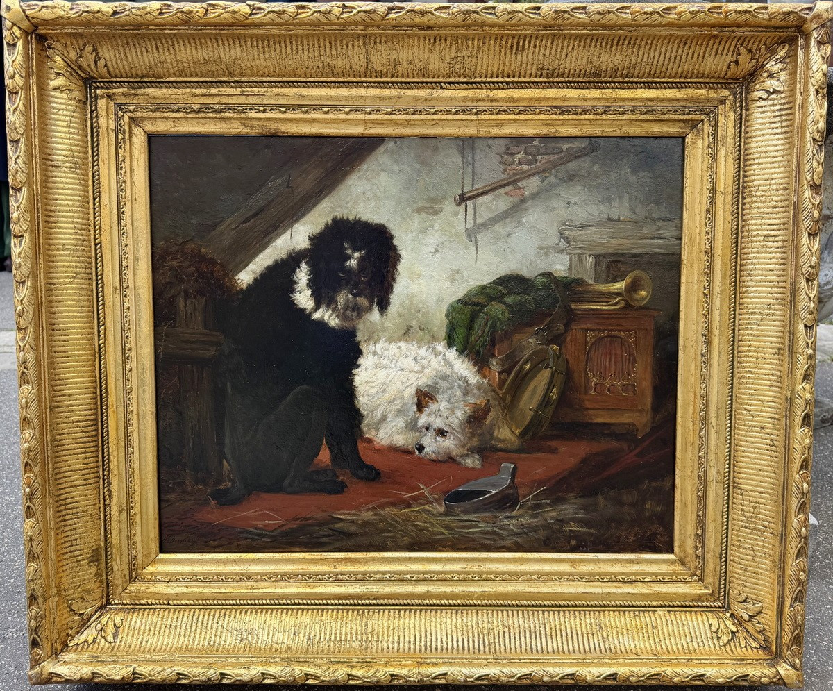 Zacharie Noterman 1820-1890 , Two Travelling Dogs, Oil On Wood.