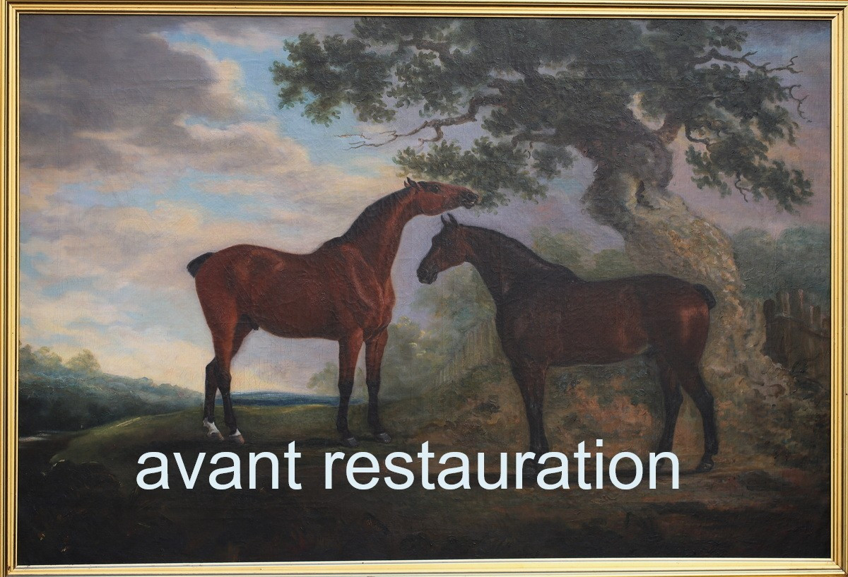 Ecole anglaise du XIXème d'après Georges STUBBS 1724-1806, deux chevaux en liberté.-photo-1
