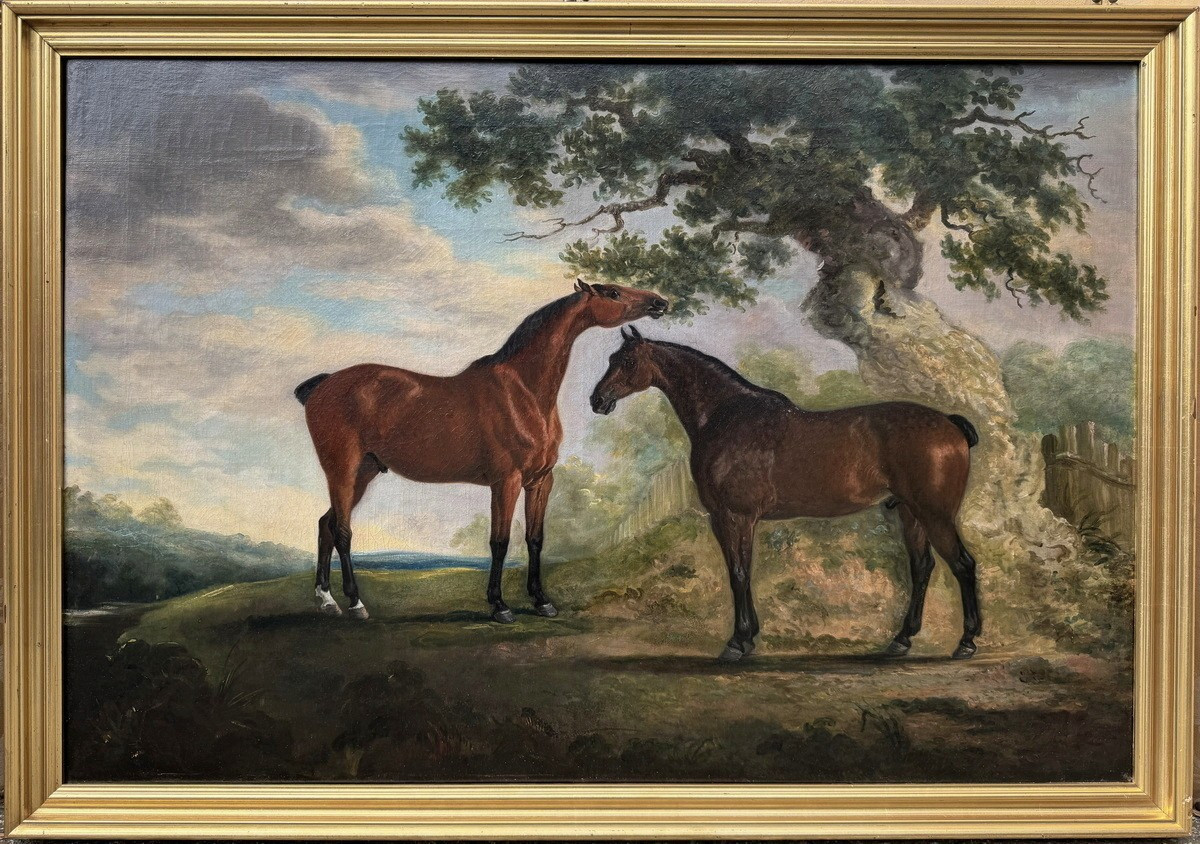 Ecole anglaise du XIXème d'après Georges STUBBS 1724-1806, deux chevaux en liberté.