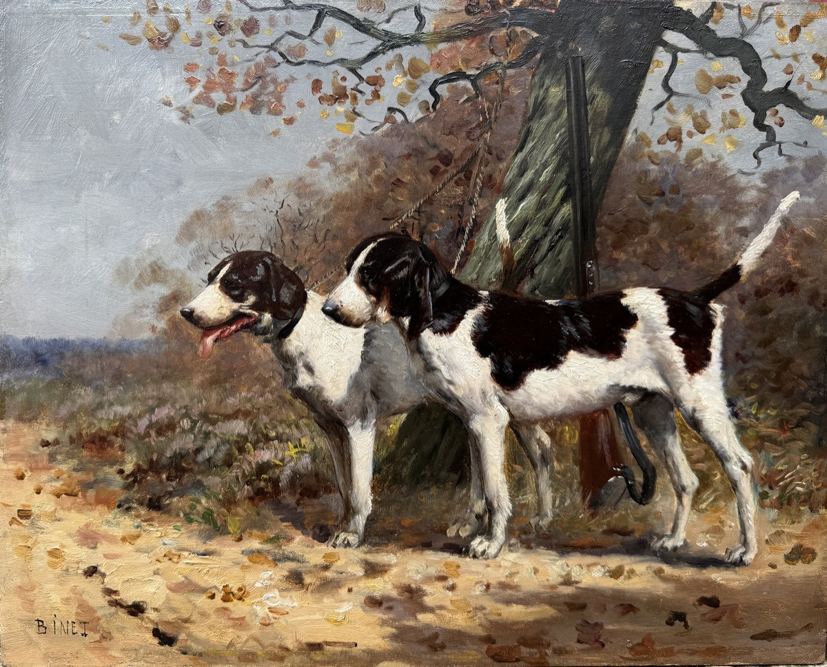 Adolphe BINET 1854-1897, deux chiens de chasse à l'attache, huile sur panneau.-photo-2