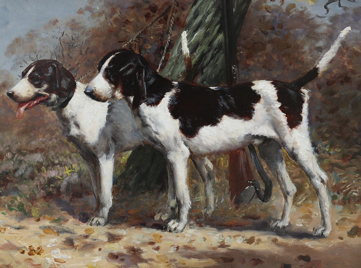 Adolphe BINET 1854-1897, deux chiens de chasse à l'attache, huile sur panneau.-photo-4