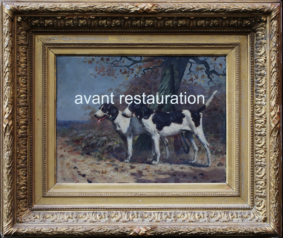 Adolphe BINET 1854-1897, deux chiens de chasse à l'attache, huile sur panneau.-photo-2