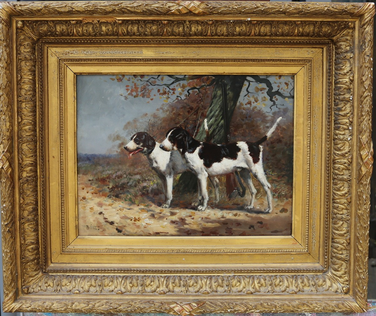Adolphe BINET 1854-1897, deux chiens de chasse à l'attache, huile sur panneau.