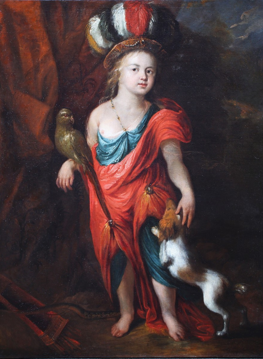 Justus Van Egmont (1601-1674) Attributed To, Child Dog And Parrot, Oil On Canvas.-photo-2