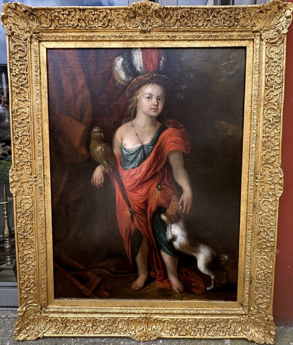 Justus Van Egmont (1601-1674) Attributed To, Child Dog And Parrot, Oil On Canvas.