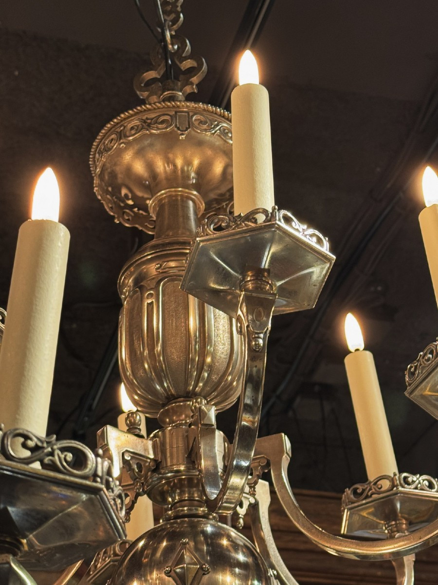 Neo-gothic Style Chandelier12 Lights On 2 Levels In Nickel-plated Patinated Bronze, Early 20th Century-photo-2